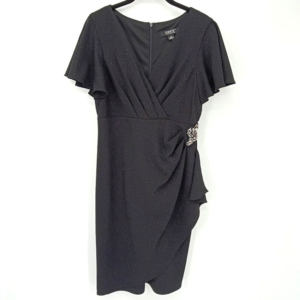 Black Sparkle Faux Wrap Midi Dress Rhinestone Brooch Flutter Sleeve Cocktail 8